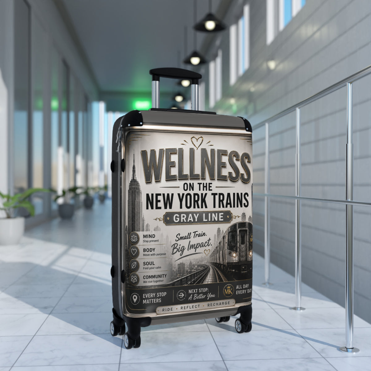 Wellness Train Suitcase – New York Trains Graphic Carry-On Gray Line