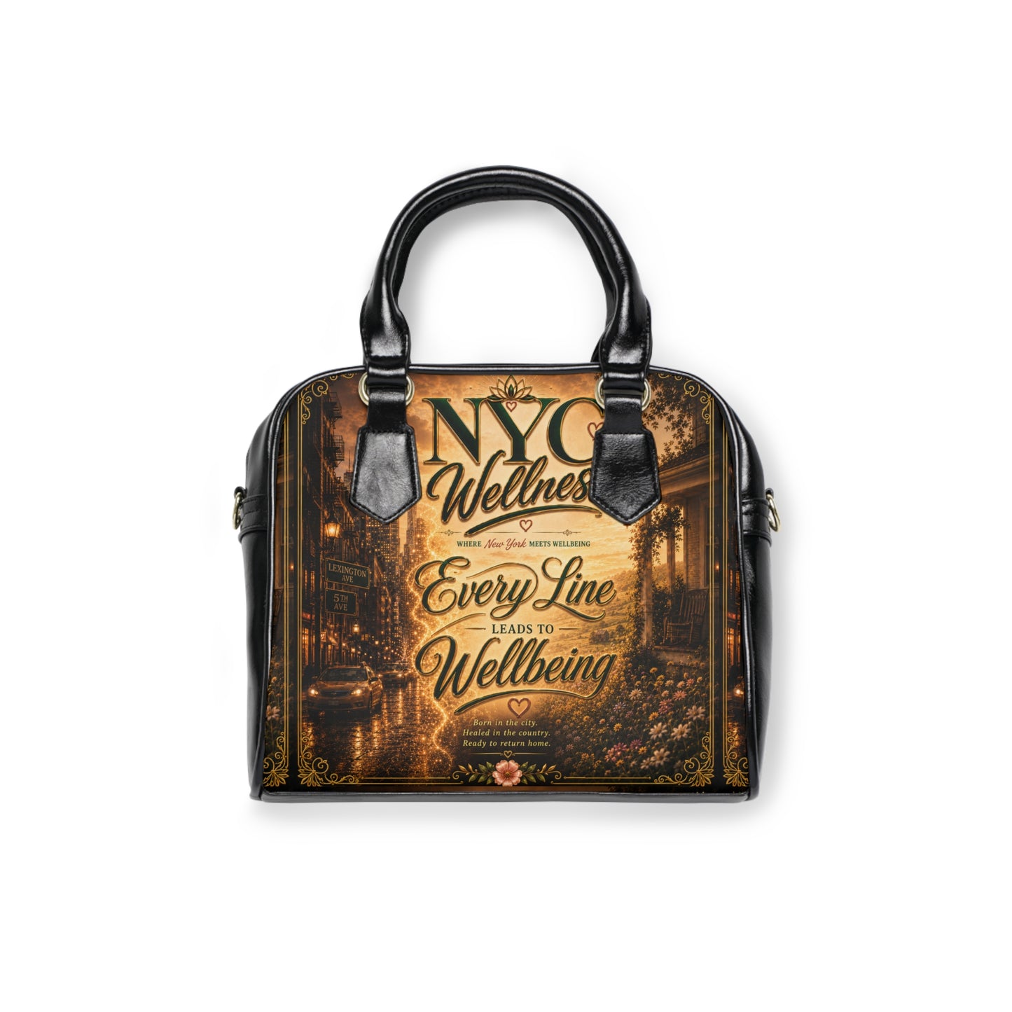 NYC Wellness Shoulder Handbag – Vintage Cityscape 'Every Line Leads to Wellbeing' Tote
