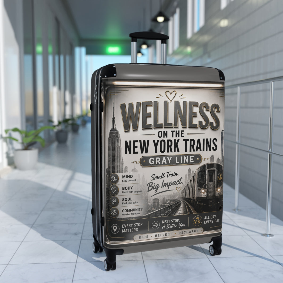 Wellness Train Suitcase – New York Trains Graphic Carry-On Gray Line