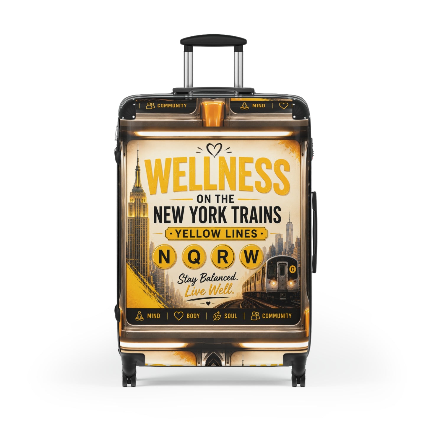 Wellness on the New York Trains Carry-On Suitcase — Yellow Lines NQRW Travel Luggage