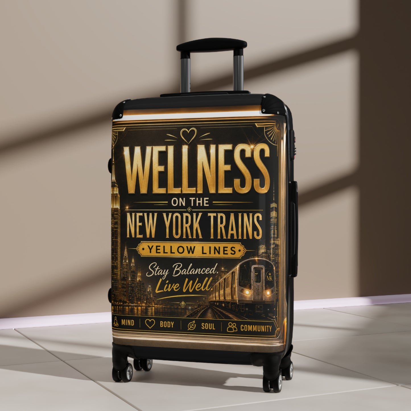 Wellness on the New York Trains Suitcase – Travel Carry-On with Motivational NYC Design Yellow Line