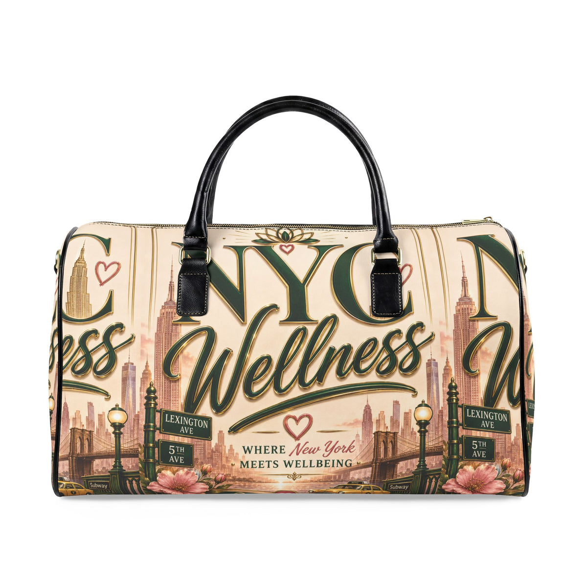 Wellness NYC Faux Leather Travel Bag — 'NYC Wellness' Printed Weekender Duffel